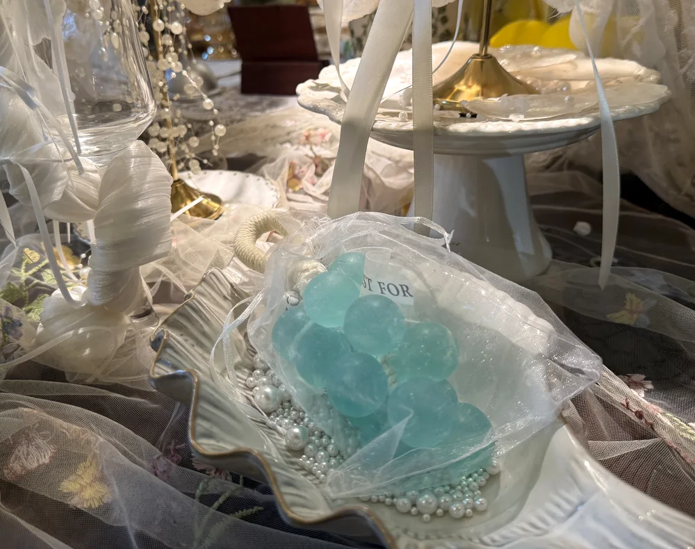 Blue grape soap in an organza bag with pearls